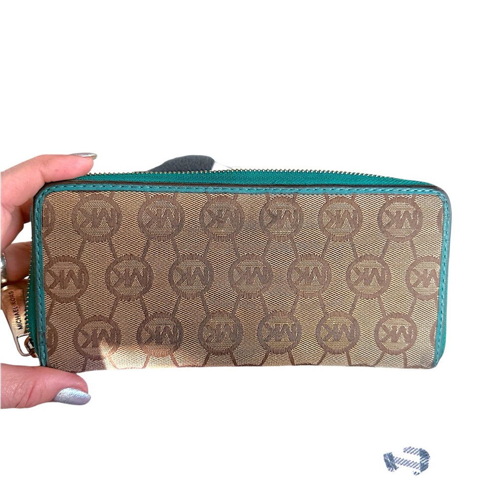 Michael Kors Brown Monogram Zip Wallet with Teal Turquoise Leather Trim